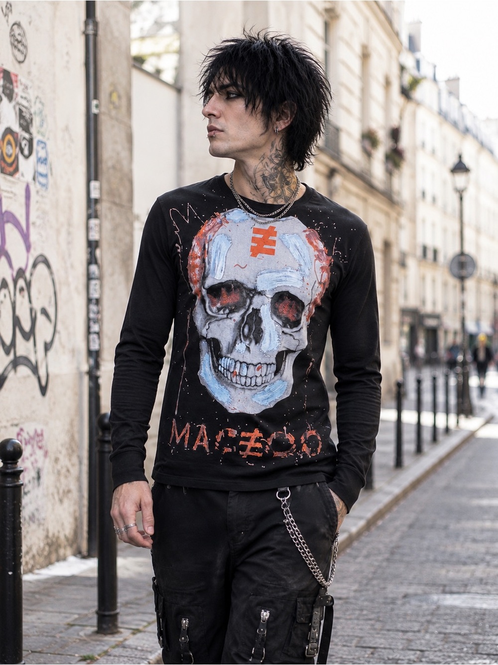 NWT MACEOO Paris Black Mens Long Sleeve SKULLPINK Tee Sz L